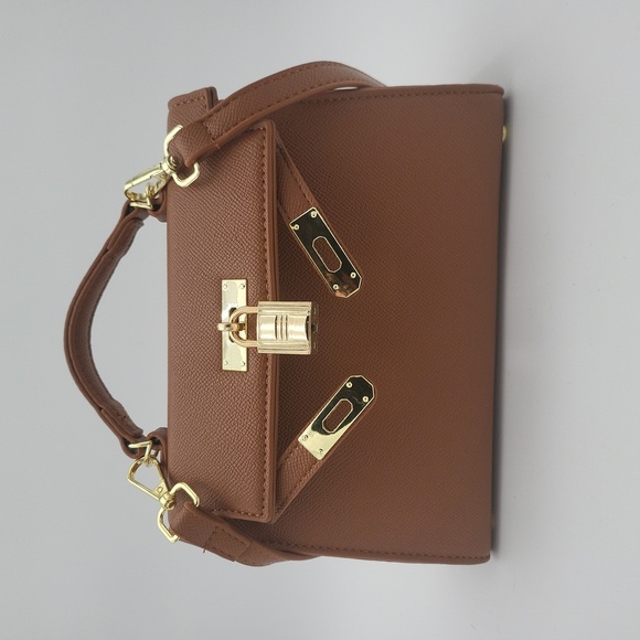 Brown PU Leather Tote Purse Satchel with Gold Hardware - Picture 3 of 9